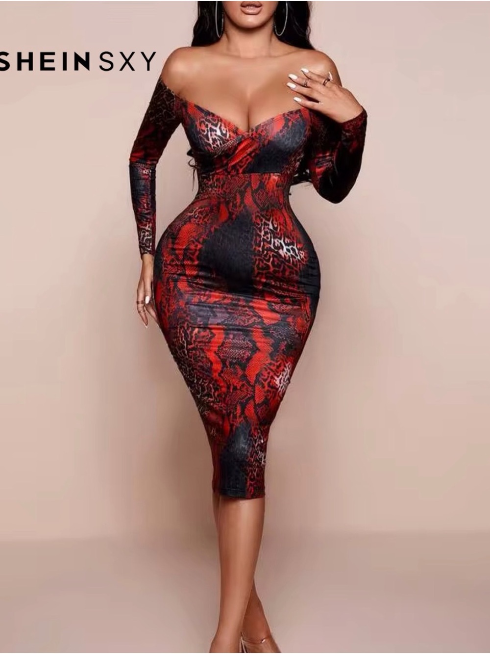 SHEIN Red & Black Animal-Print Long Sleeve Bodycon Dress